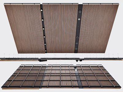 Modern Slatted Wooden Ceiling Design With Black Grid Frame And Strip Panels 3d model