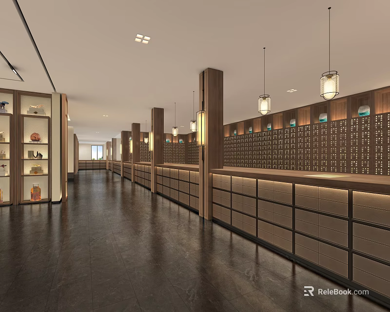 Traditional Library Interior With Ancient Bookshelves Long Tables And Hanging Lamps 3d model 
