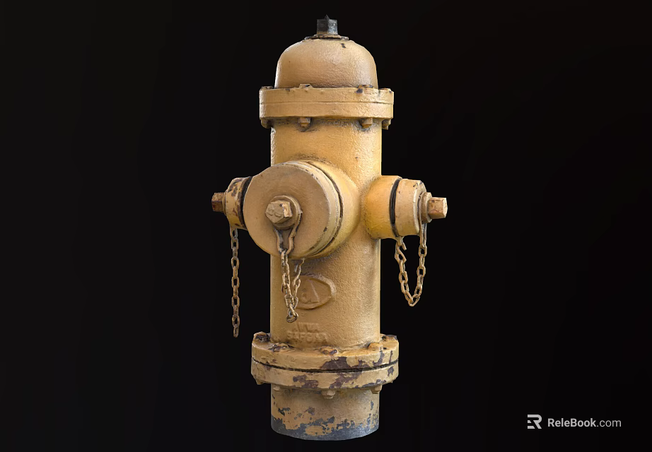 Old Yellow Fire Hydrant With Metal Chains On Black Background Fire Equipment 3d model
