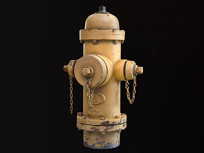 Old Yellow Fire Hydrant With Metal Chains On Black Background Fire Equipment 3d model