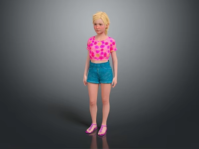 Woman With Blonde Hair Wearing Pink Floral Crop Top Blue Denim Shorts And Pink Sandals 3d model