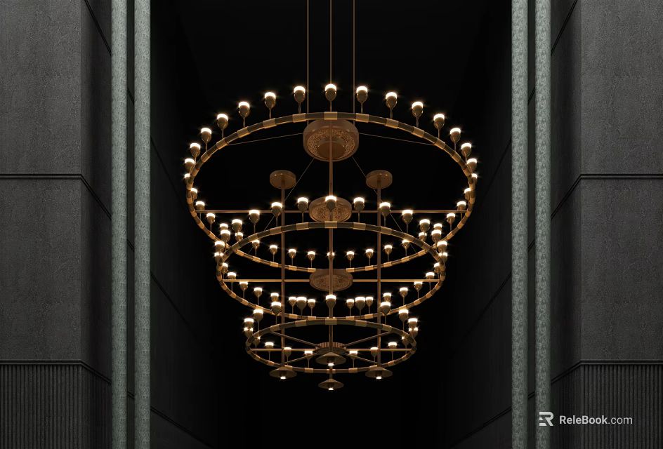 Golden Multi Tiered Modern Chandelier Hanging In Luxurious Dark Wall Interior 3d model 