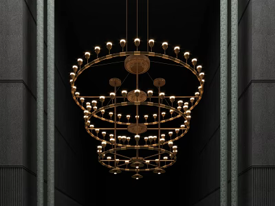 Golden Multi Tiered Modern Chandelier Hanging In Luxurious Dark Wall Interior 3d model