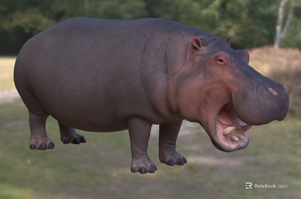 Hippopotamus Aquatic Animal With Open Mouth Showing Large Teeth In Water Habitat 3d model 