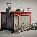 Industrial Equipment Unit With Red Frame White Body Warning Signs Metal Railings And Stairs