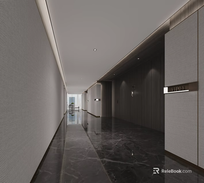 Modern Elevator Hallway Interior Design With Gray Walls And Polished Marble Floor 3d model 
