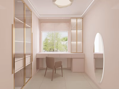 Pink Cloakroom Interior with Glass Door Wardrobe Dressing Table Round Mirror and Natural Light 3d model