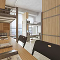 Modern Dormitory Space with Metal Bunk Beds Wooden Cabinets and Dining Tables