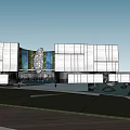 Modern Sales Office Building Exterior with Glass Facade Pink Flowering Tree and Water Feature