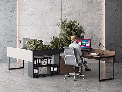 Modern Office Desk Workspace With Computer Chair Green Plants Storage Shelves And Marble Wall 3d model