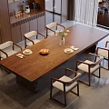 Middle Ancient Style Solid Wood Dining Table and Chair Open Dining Room Rectangular Dining Table Solid Wood Backrest Dining Chair Six-Person Solid Wood Cabinet Wine Cabinet Kitchen Supplies Vase Ornaments 3d model