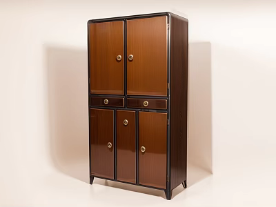 Classic Dark Brown Wooden Decorative Cabinet With Doors Drawers And Metal Handles 3d model