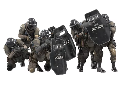 Group of Police Officers in Riot Gear Holding Police Shields Standing in Formation 3d model