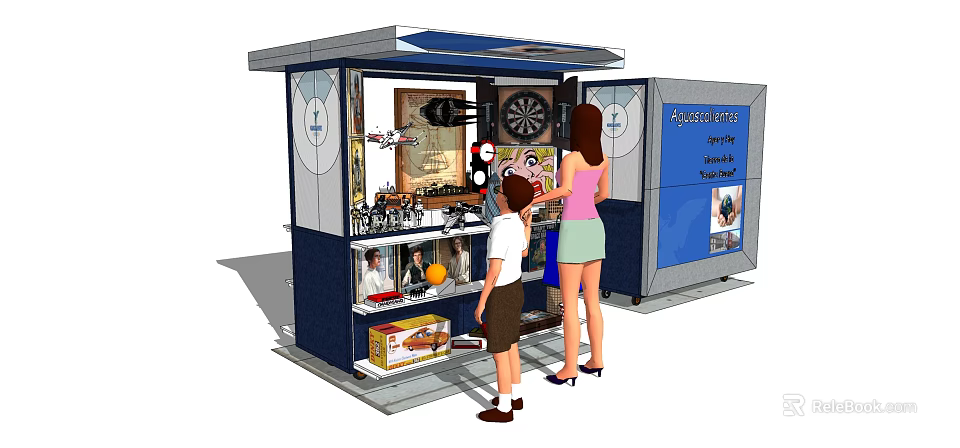 Two People Checking Items At Colorful Kiosk With Dartboard And Display Shelves 3d model 