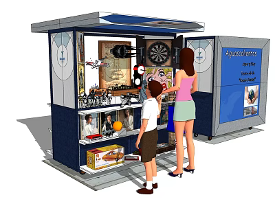 Two People Checking Items At Colorful Kiosk With Dartboard And Display Shelves 3d model