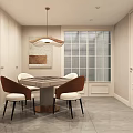 Modern Open Restaurant Kitchen Featuring White Cabinets Marble Countertops Dining Table Chairs And Warm Lighting 3d model