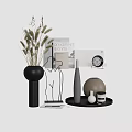 Modern Decorative Ornament Set with Black Vase Reed Magazine Metal Figurine Clock and Tray