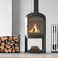 Modern Design Fireplace With Burning Fire Wood Stack And Fireplace Tools 3d model