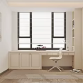Modern Study Room With White Desk Window Blinds White Chair Bookshelf And Rug