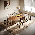 Minimalist Wooden Dining Table Set With Six Chairs Fruit Bowl And Modern Pendant Light