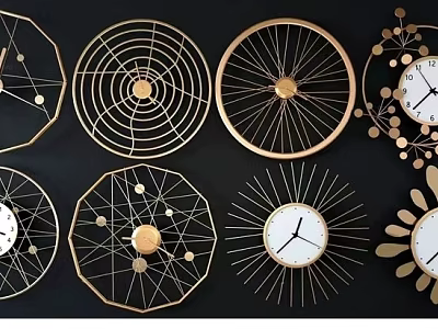 Various Decorative Gold Metallic Clocks With Geometric Shapes And Wall Mounted On Black Background 3d model