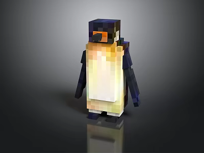Standing Pixelated Penguin with Black Body Yellow White Belly Orange Beak on Dark Reflective Background 3d model