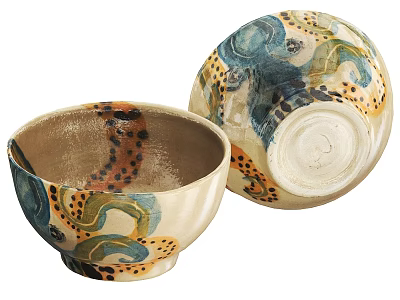 Ceramic Bowls with Hand Painted Colorful Swirl and Dot Patterns Displayed in Artistic Style 3d model