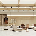 Modern Clothing Store Interior With Wooden Ceiling Beams White Marble Flooring And Circular Seating Area