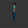 3D Female Character In Blue Outfit With Yellow Patterns Red Decorations And Black Gloves