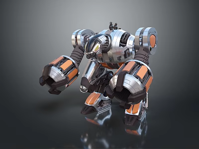 3D Model Mechanical Robot Character Featuring Metallic Creature Structure Orange Silver Parts And Large Arms 3d model