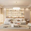 Modern Living Room Interior With White Sofa Round Coffee Table Bookshelf And Chandelier