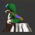 3D Character In Green Outfit Sitting On Tree Stump With Blue Windmill And Brown Boots
