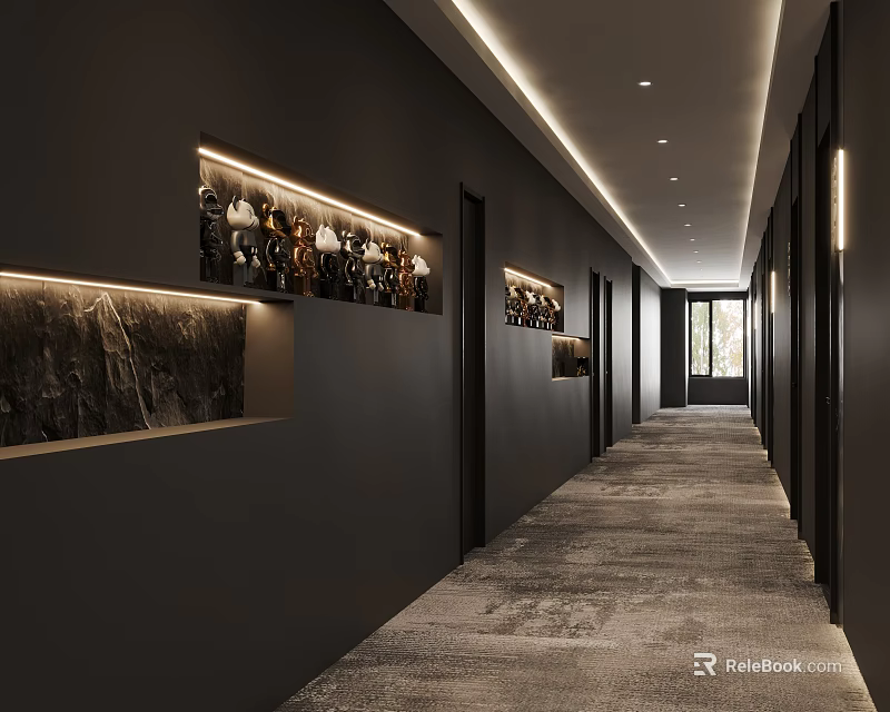 Hotel Corridor With Dark Walls Recessed Lighting Textured Carpet And Decorative Niches 3d model 
