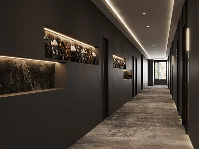 Hotel Corridor With Dark Walls Recessed Lighting Textured Carpet And Decorative Niches 3d model