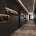 Hotel Corridor With Dark Walls Recessed Lighting Textured Carpet And Decorative Niches