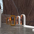Modern Hotel Lobby Interior With Wooden Walls Arched Structures And Display Cases