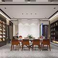 Modern Chinese Interior Dining Room With Wooden Table Chairs Decorative Paintings Vases And Green Plants