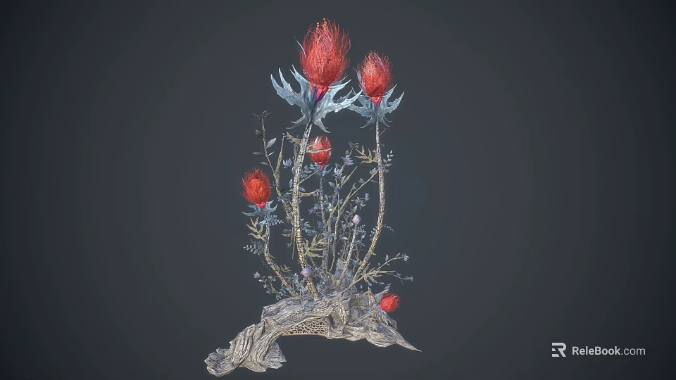 Detailed Floral Sculpture with Red Blossoms Silver Branches and Ornate Base 3d model 