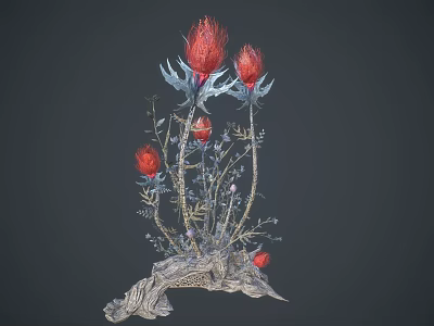 Detailed Floral Sculpture with Red Blossoms Silver Branches and Ornate Base 3d model