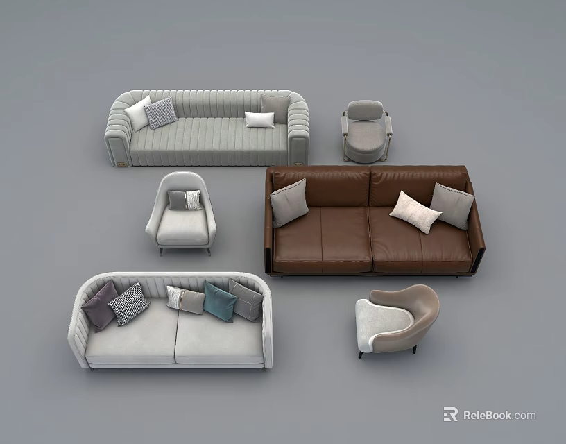 Modern Sofa Set Combination with Light Gray Brown Single Chairs and Decorative Pillows 3d model