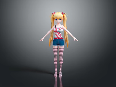 3D Anime Character With Blonde Twin Tails Blue Eyes Red White Top And Striped Stockings 3d model