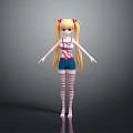 3D Anime Character With Blonde Twin Tails Blue Eyes Red White Top And Striped Stockings