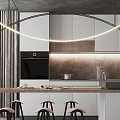 Modern Kitchen Interior With White Cabinets Curved Lighting Fixture Wooden Island And Black Bar Stools