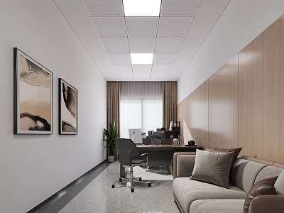 Modern Office Interior With Wooden Wall Decorative Paintings Desk Sofa Green Plant And Ceiling Lights 3d model