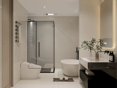 Modern Bathroom Interior With Glass Door Shower Free Standing Bathtub Vanity Toilet And Potted Plant 3d model