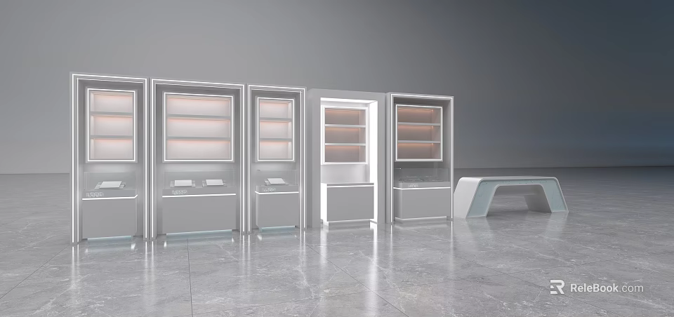 Modern White Display Cabinets With Glass Doors And Shelves In Gray Interior 3d model 
