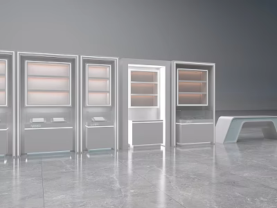 Modern White Display Cabinets With Glass Doors And Shelves In Gray Interior 3d model