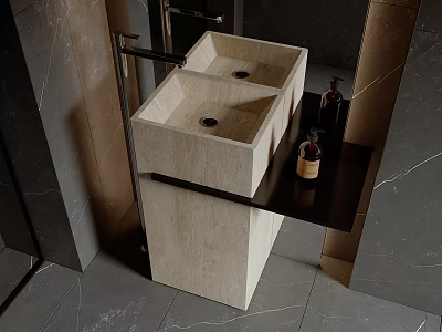 Modern Beige Stone Double Basin Vanity With Dark Wall Shelf And Toiletries 3d model