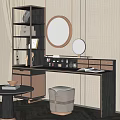 Modern Dressing Table With Round Mirror Open Shelves Drawers And Decorative Perfume Bottles