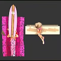 Dolls Sitting On Pink Blanket And Bench With Surfboard In Red Top And Pink Bikini